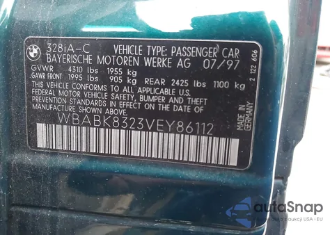 1997 BMW 328Ic из США, поврежденный, VIN WBABK8323VEY86112